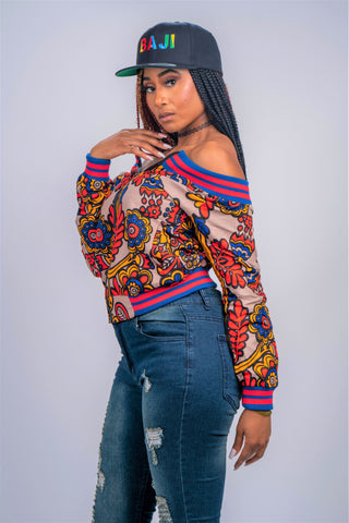 Ankara Off-Shoulder Bomber Jacket (Tuscan Rose)