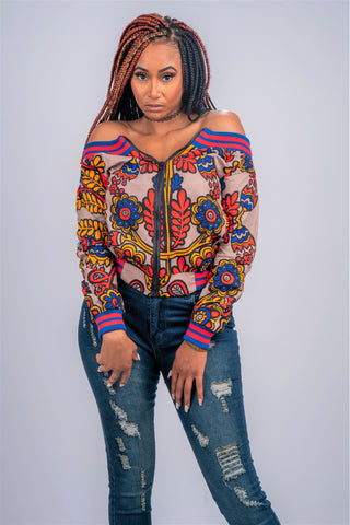 Ankara Off-Shoulder Bomber Jacket (Tuscan Rose)