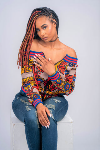 Ankara Off-Shoulder Bomber Jacket (Tuscan Rose)