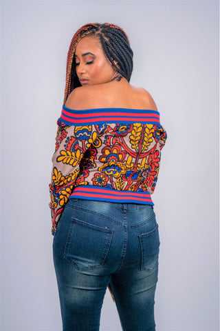 Ankara Off-Shoulder Bomber Jacket (Tuscan Rose)